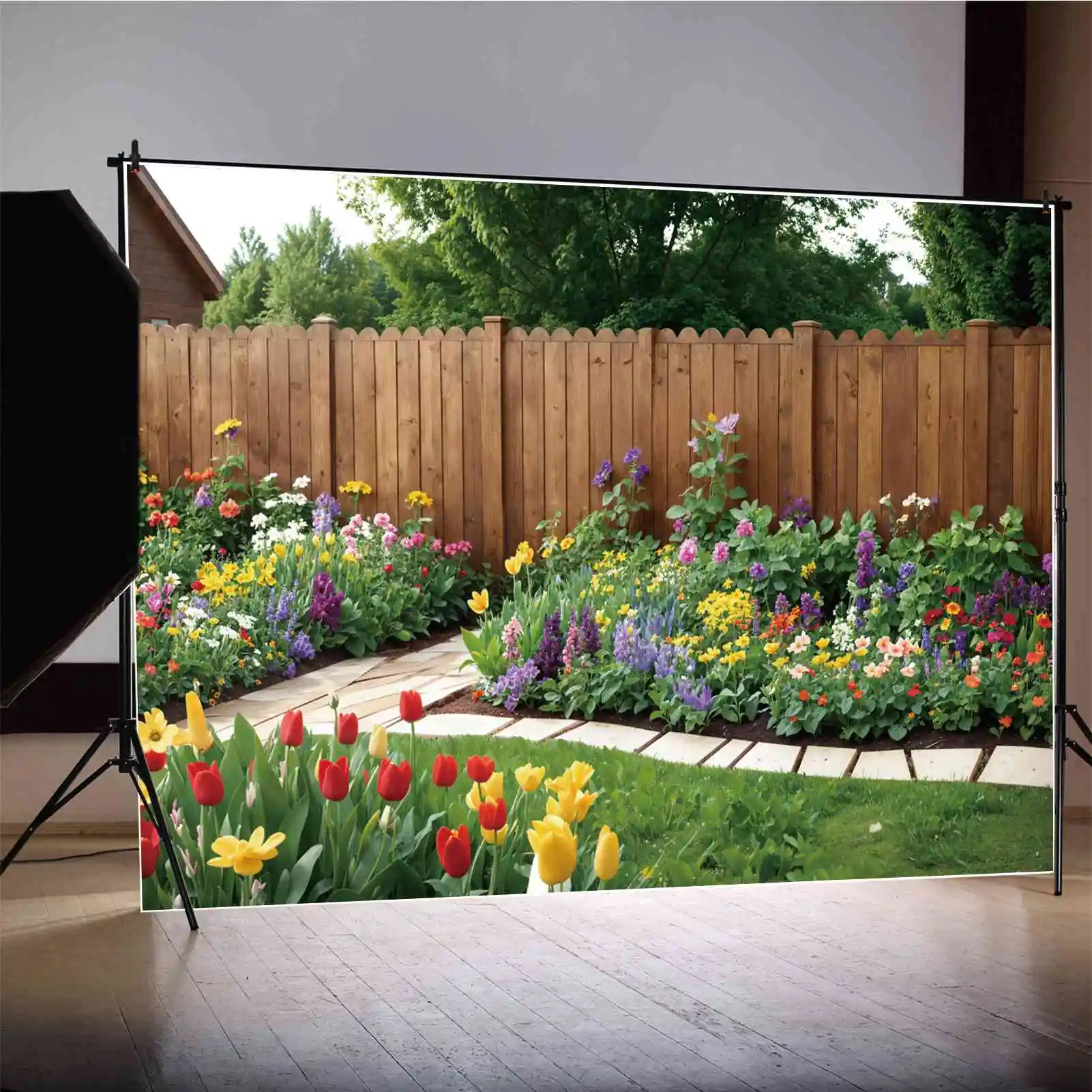 

Spring Flowers Garden Photography Backdrops Wooden Plank Fence Wall Blossom Pathway Field Customized Baby Photo Background Props