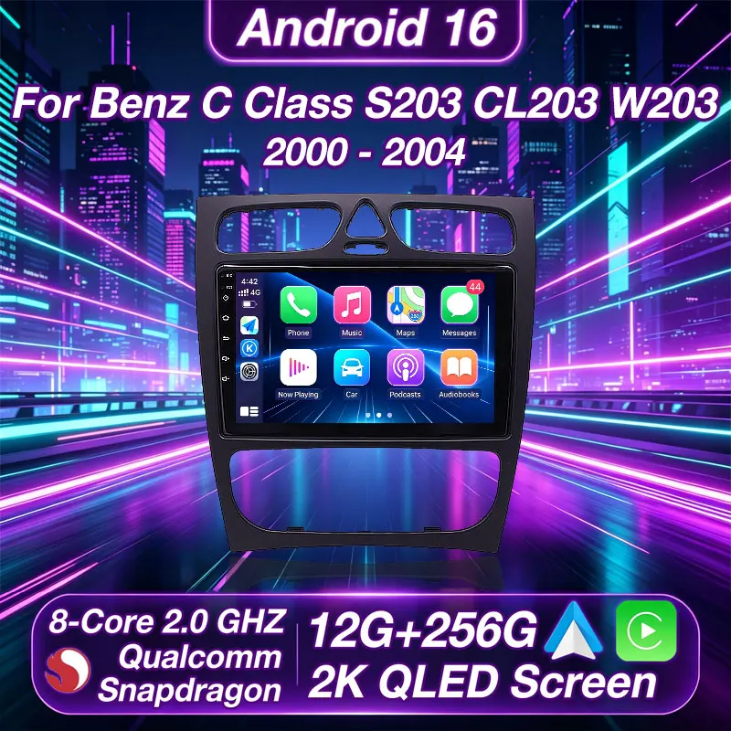 Фото Автомагнитола Android 16 для Mercedes-Benz C-класса S203 CL203 W203 2000-2004 с GPS, мультимедийным плеером, навигацией, беспроводным CarPlay, DSP и QLED-дисплеем №1