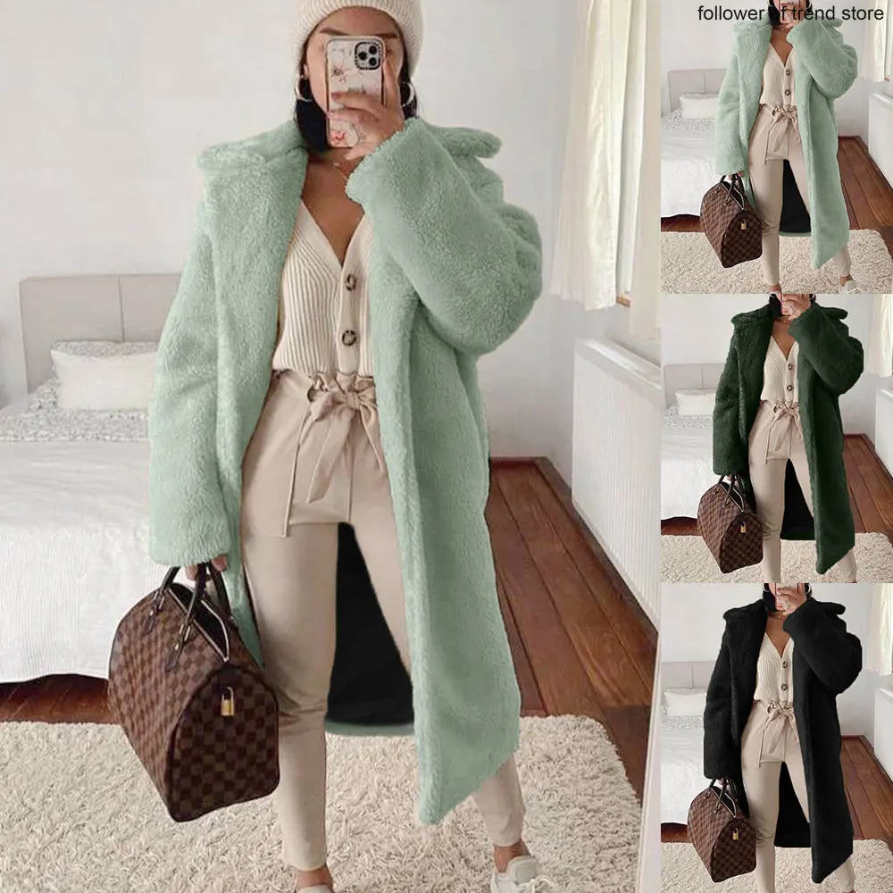 Medium Length Faux Fur Coat Women's Autumn  Winter Windbreaker Casual Long Coat Casual Thick Keep Warm  Flocking  Fur Coats