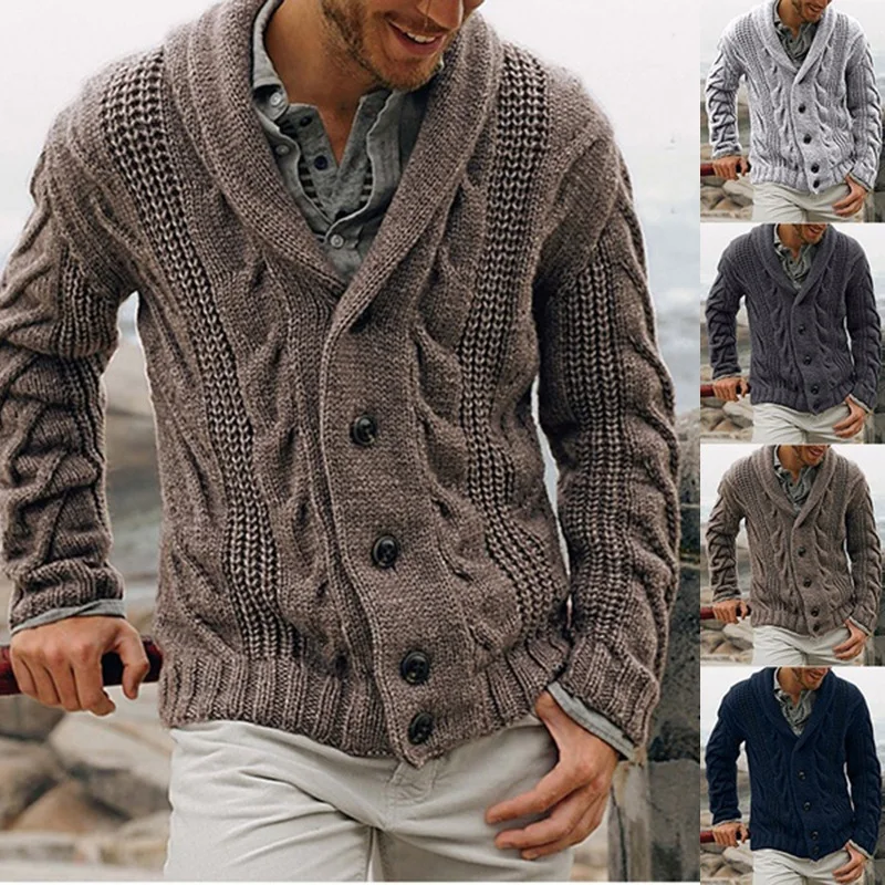 Men Cardigan Sweater Coat Autumn Winter Solid Color Straight Knit Coat Men Long Sleeve Single-Breasted Turn-down Collar Sweater