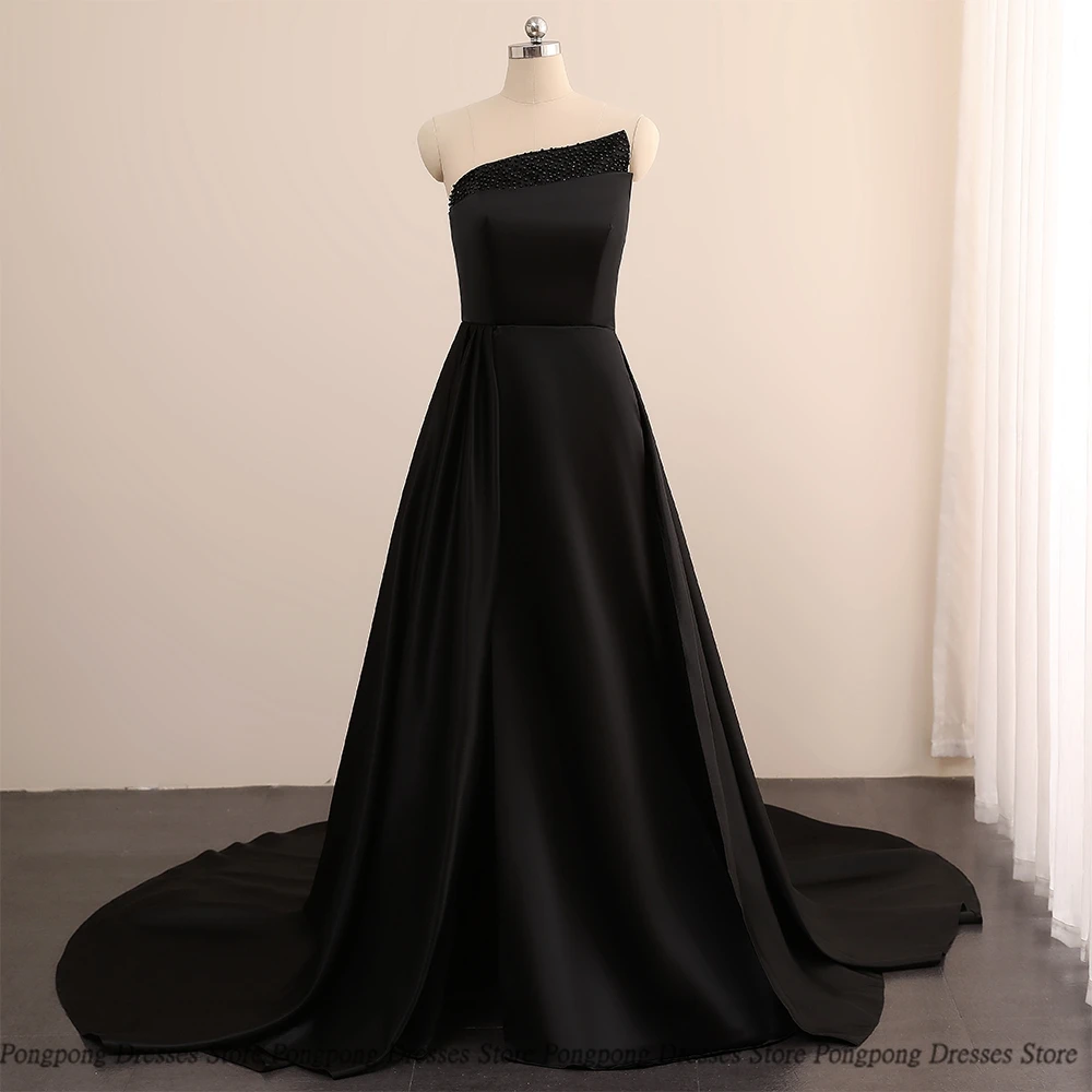 

Simple Black Evening Dresses 2022 Beading Boat Neck Sleeveless Open Back Prom Gowns Party Wear robe de soirée For Female 2022