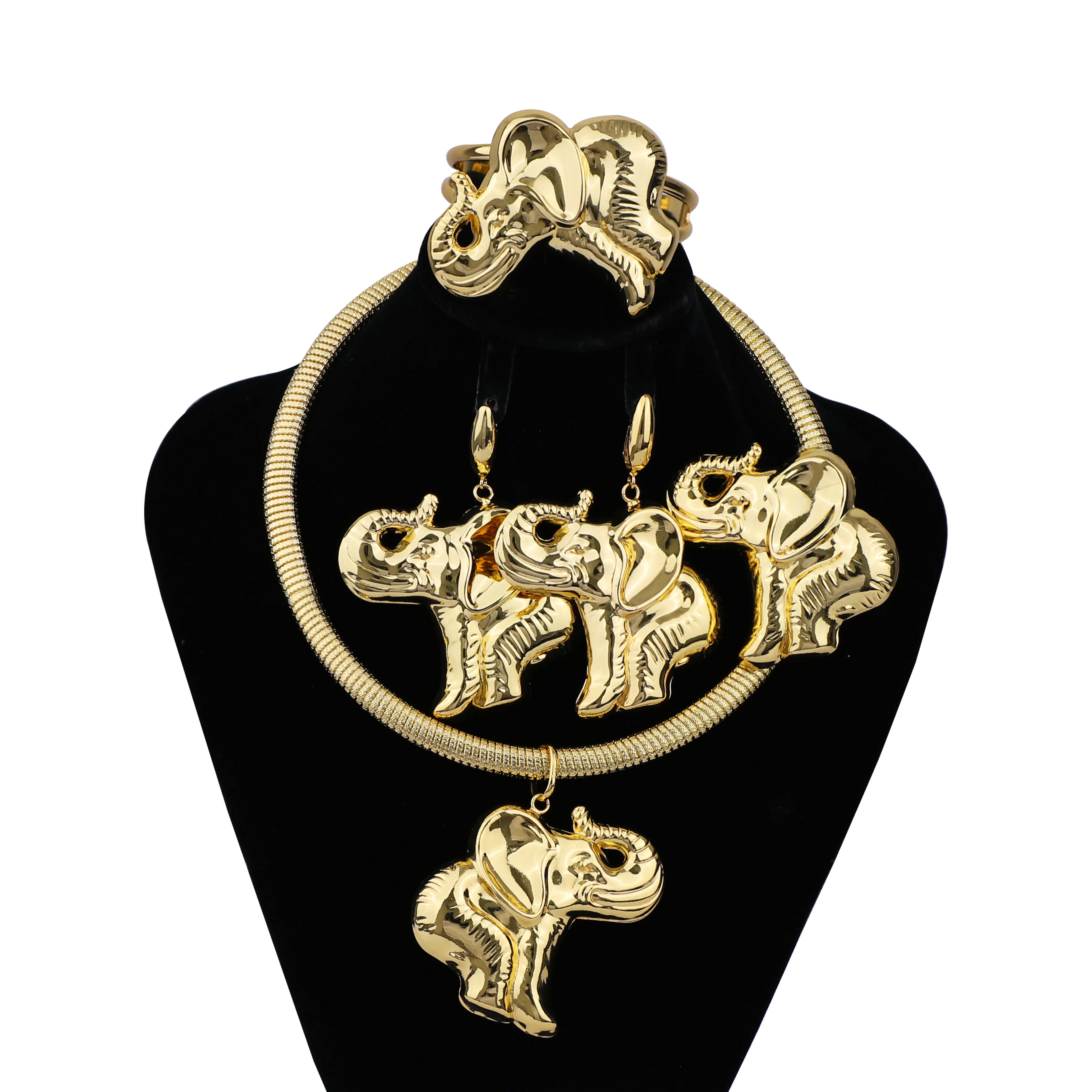 

French Fashion Necklace Earrings Jewelry Cute Elephant Shape Pendant Necklace Set Earrings Charm Bracelet Ring Gift