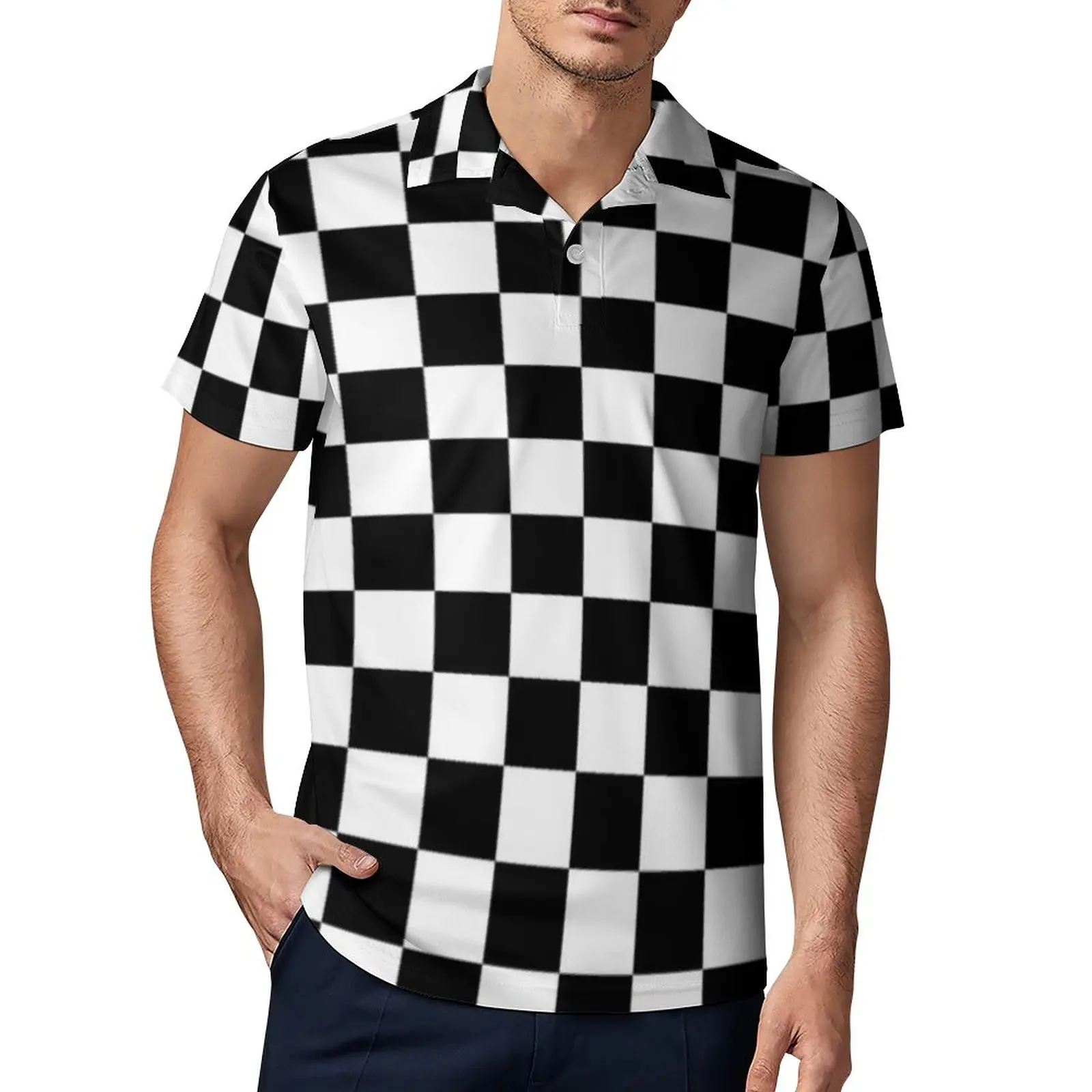 

Мужская рубашка-поло, веселые топы, с коротким рукавом, в белую и черную клетку
