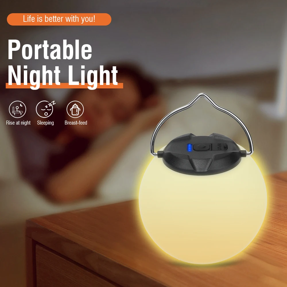 BORUIT LED Night Light Hangable Ball Light Warm Light USB Rechargeable 18650 Battery 3 Mode Waterproof For Camping Reading