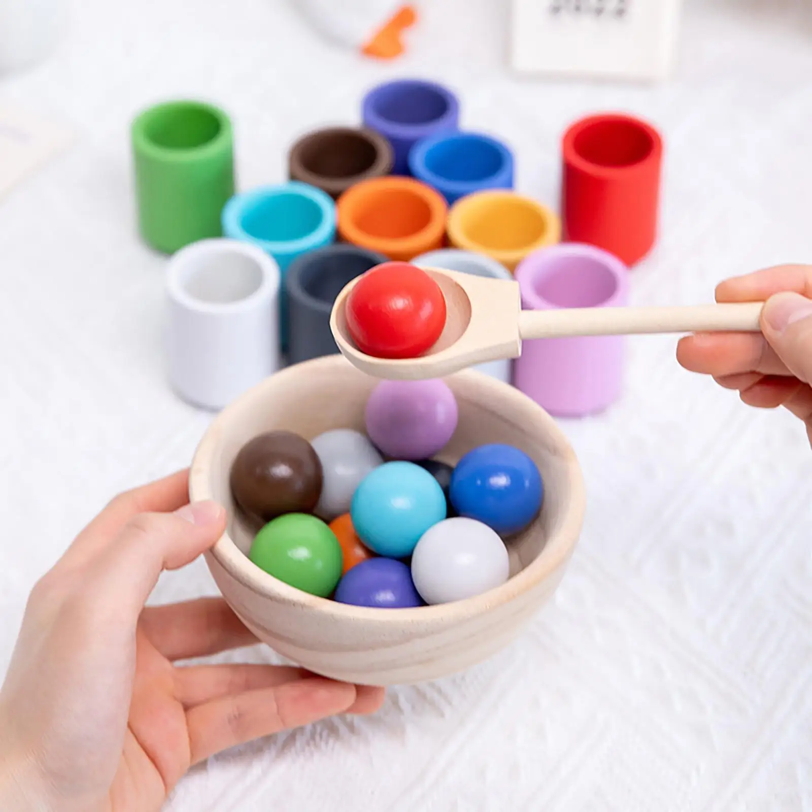 

Wooden Rainbow Balls in Cups Montessori Toy Fine Motor Early Education Toys