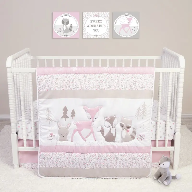 

Sammy and Lou Sweet Forest Friends 4 Piece Crib Bedding Set. Floral Design in Light Pinks, Gray and White. 100% Microfiber, 100%