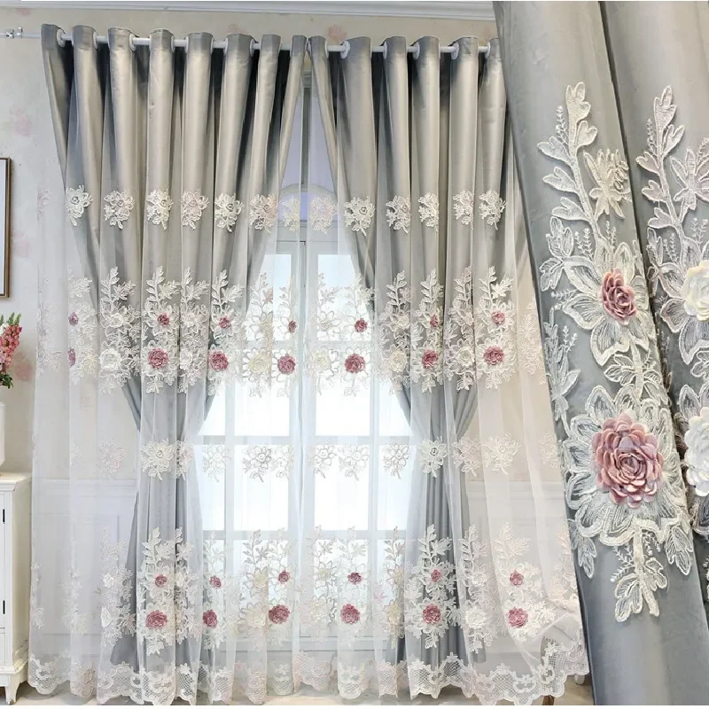 

NEW European 3D flower embroidery luxury home decoration modern curtain tulle fabrics beige sheer panel window treatment