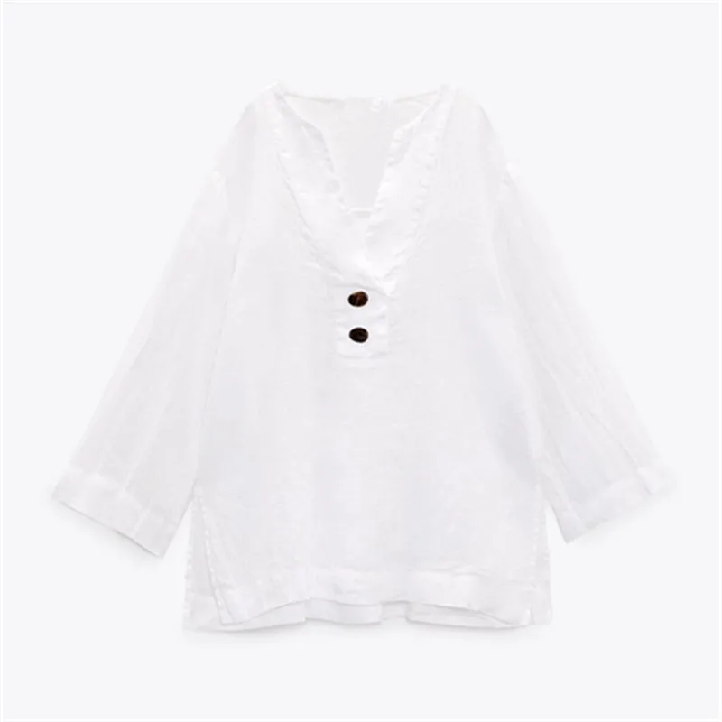 

PB&ZA spring and summer new women's all-match white V-neck long-sleeved linen loose top with contrasting color buttons 3465/270