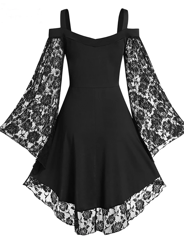 Goth Dark Gothic Aesthetic Vintage Women Autumn Dresses Grunge Lace Patchwork Flare Sleeve Black A-line Dress Punk Partywear