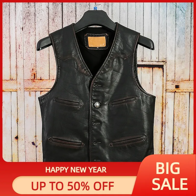 

2022 винтажный черный японский Повседневный стильный жилет из натуральной кожи, мужское однобортное летнее пальто из натуральной воловьей к...