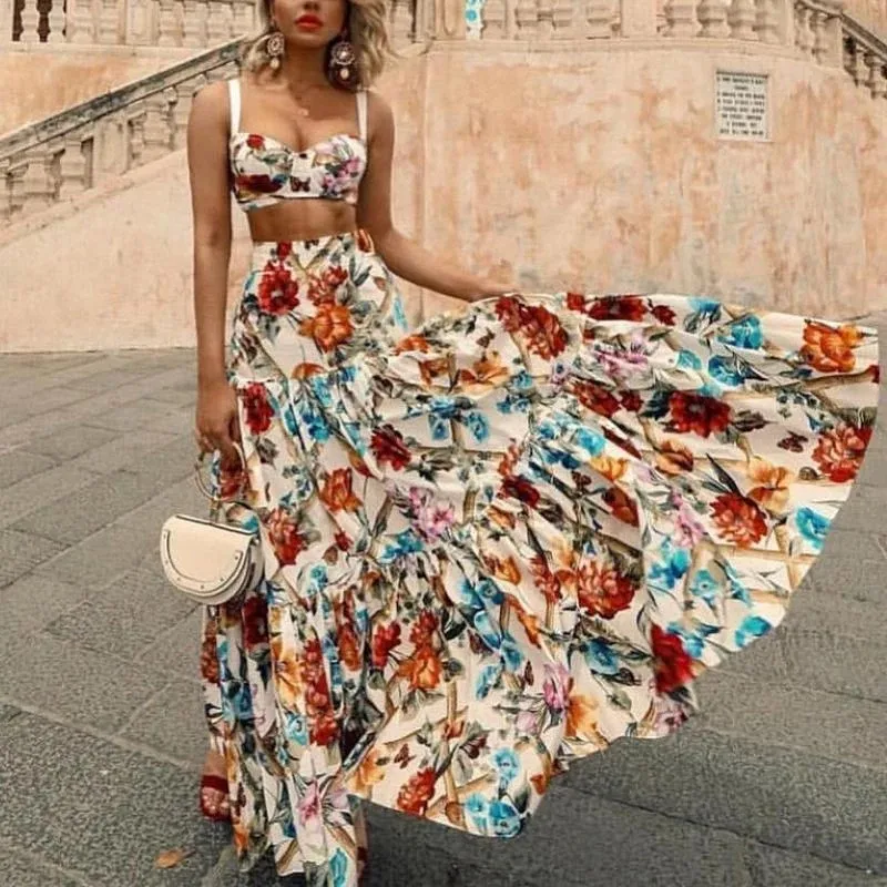 

2022 Summer Women's Clothing New Strap Sleeveless Flower Printing Tube Top Large Swing Dress Ankle Length Y2K Loose