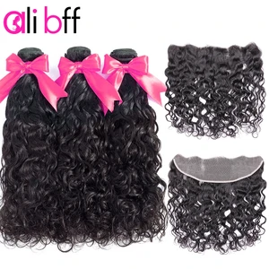 Волна воды Связки с фронтальной 3 Связки малазийские человеческие волосы Али BFF remy волос предварительно сорвал Кружева Фронтальная Закрытие с пучками
