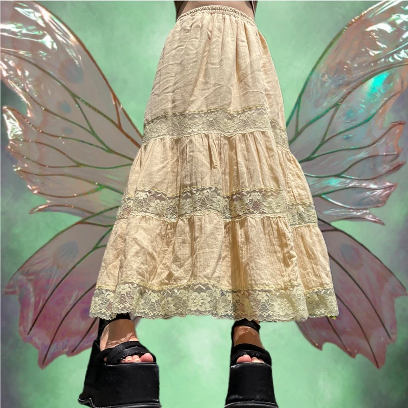 

Y2K Fairycore Grunge Pleated Skirt 90s Vintage Kawaii Lace Patchwork High Waist Midi Skirt Women Korean Retro Mall Goth Clothes