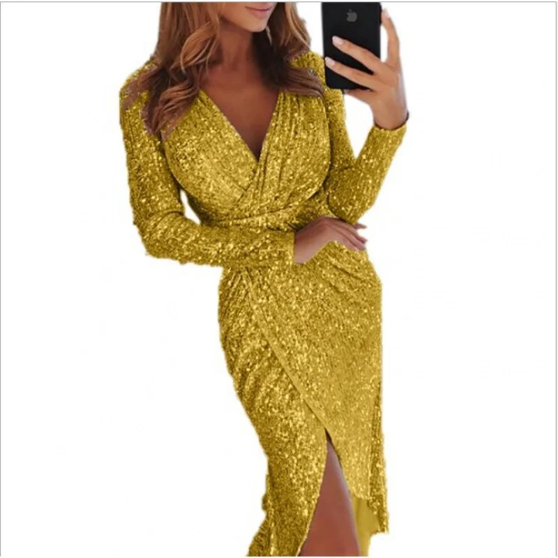 

European and American Style Spring and Summer Shiny Fashion Bronzing New Collar Long Sleeve Dress Dinner Sexy Dress