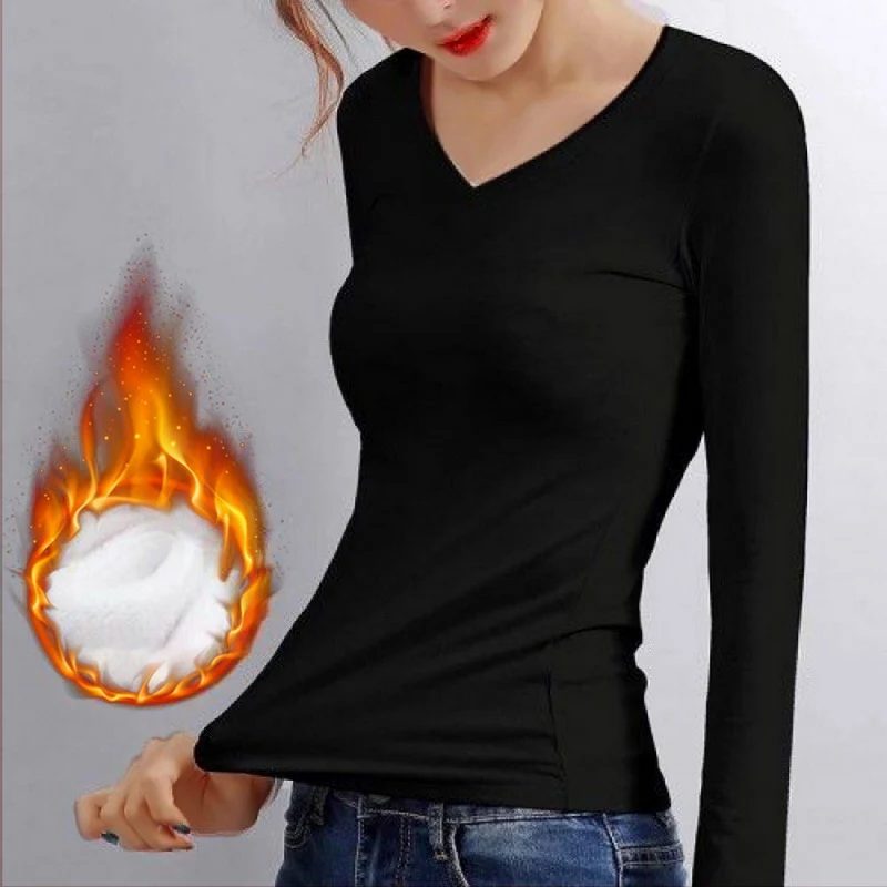 

Winter Velvet Underwear Women Thermal Bottoming Shirt Casual Long-Sleeved T-Shirt Warm Heating Fiber Thermal Top Solid Pullover