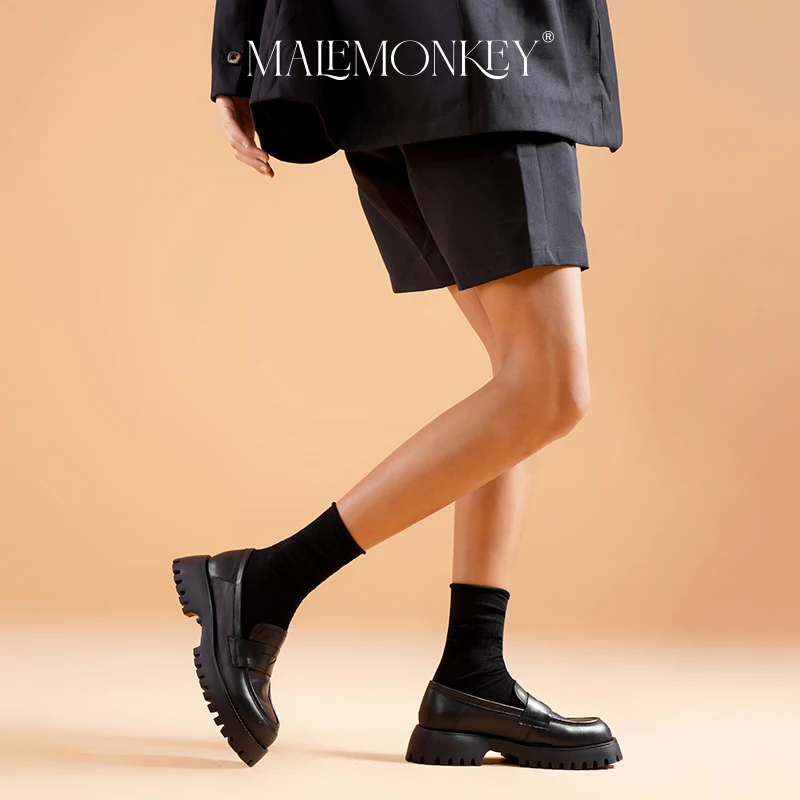 Retro Chunky Loafers Women Genuine Cow Leather 2023 Spring High Qualtiy Platform Shoes Round Toe Slip on Ladies Flats Handmade