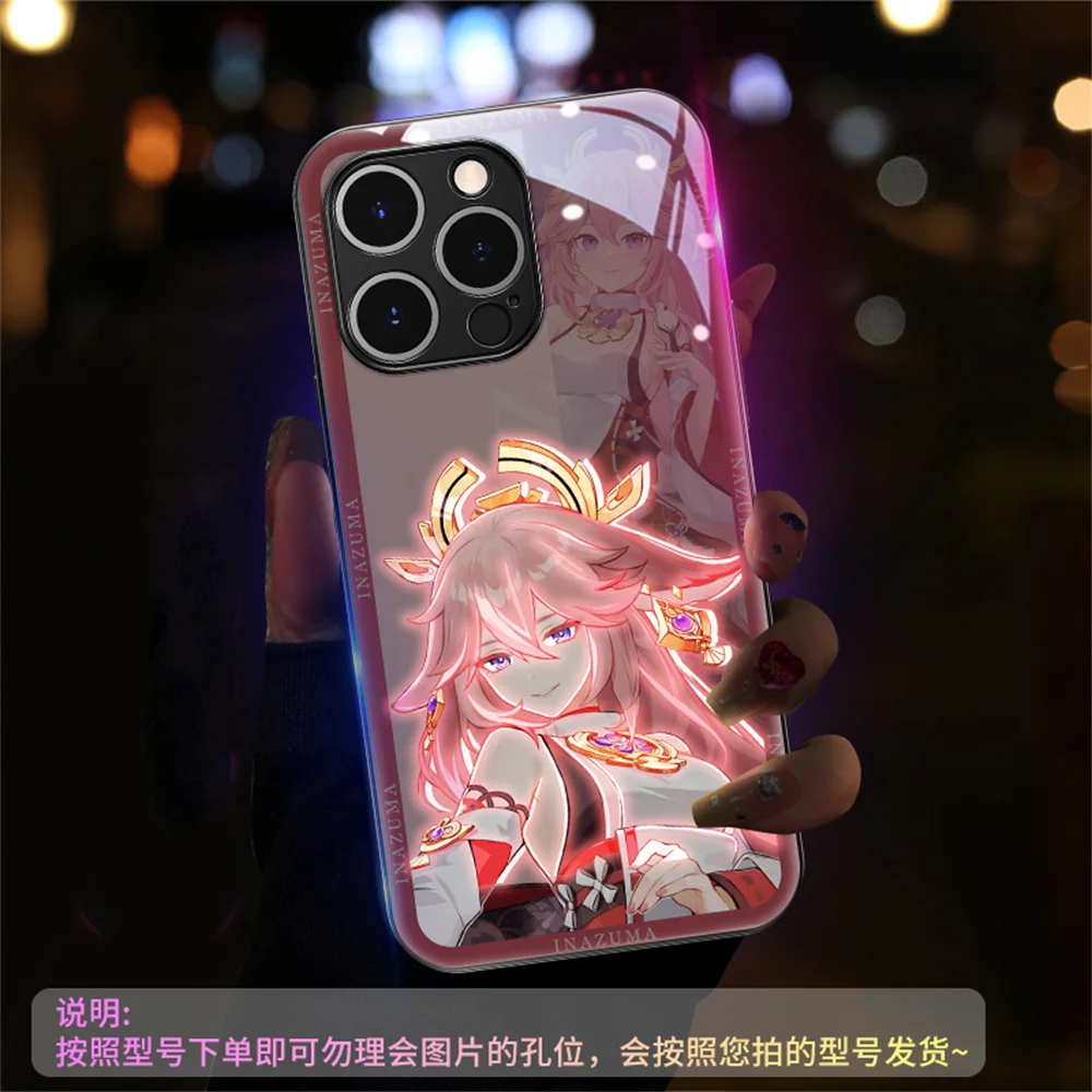 Фото Крутой чехол для iPhone Air 17 16 15 14 13 12 11 Pro Max Plus с мультяшным рисунком Genshin, умной LED-подсветкой и закаленным стеклом №2