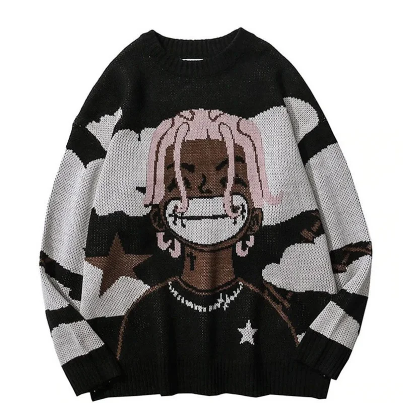 

Men Autumn and Winter Harajuku Retro Cartoon Cartoon Knitted Sweater Loose Set Head Personality Casual Round Neck Sweater Female