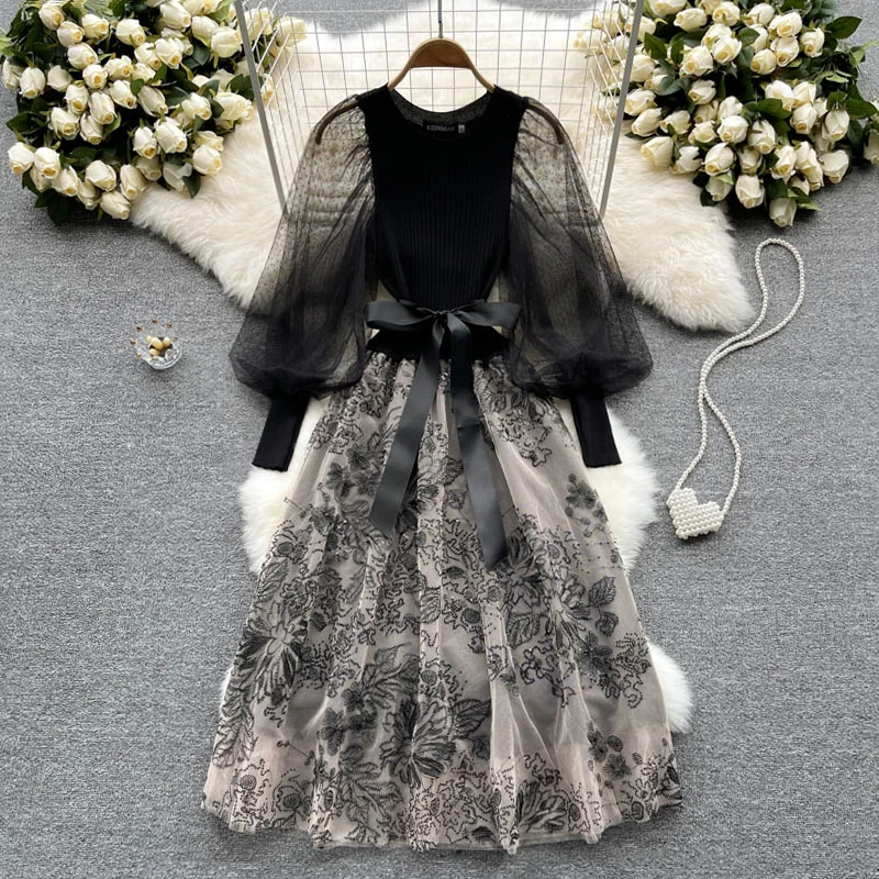 

Celebrity Retro Big Swing Women's Dress Embroidered Stitching Puff Sleeve Printed Dresses For Women 2022 Autumn Mesh Dress Woman