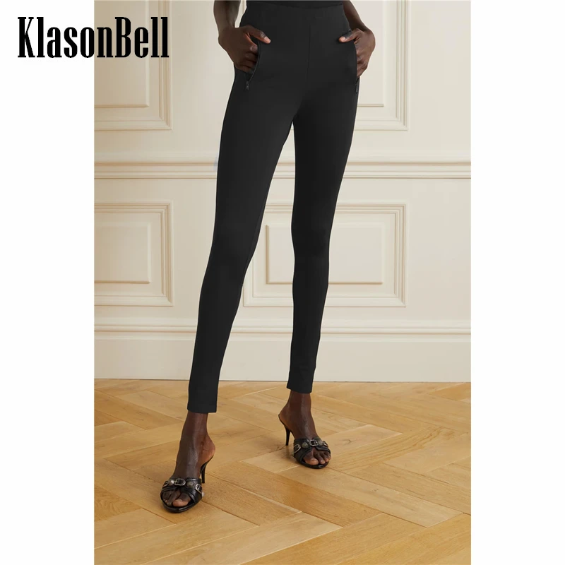 11.1 KlasonBell Women Street Comfortable Casual Black Back Zipper Split High Waist Slim Leggings