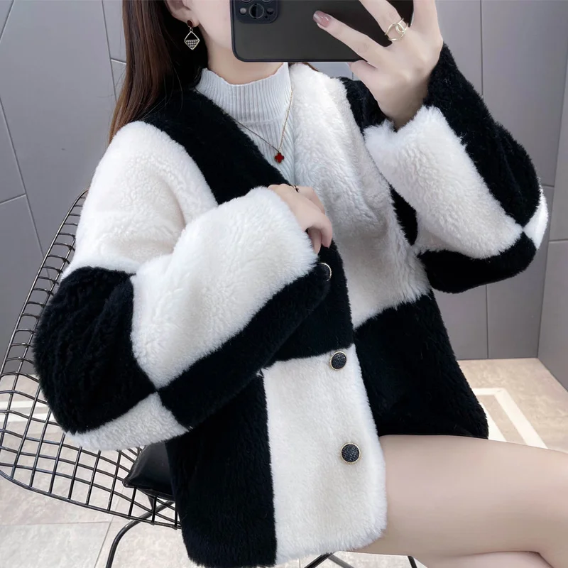 brand genuine Luxury 2023 Winter Jacket Women Real Coat Natural Weave Wool Fur Thick Warm V-neck Outerwear Streetwear Plaid New