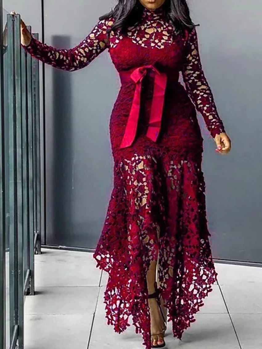 

Classic Style Party Sexy Lace Long Dress Plus Big Size Large M-XXXL 5XL Women Mesh Hollow African Maxi Dress Ladies