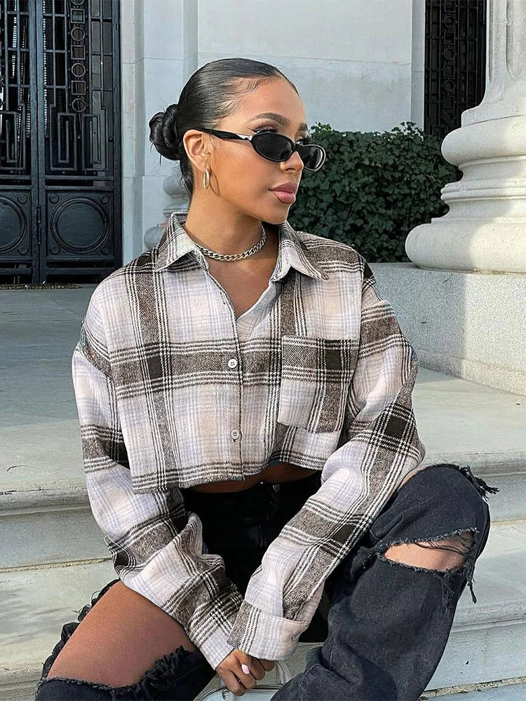 

Sibybo Turn-down Collar Plaid Shirts Women Blouse Spring New High Street Button Casual Shirt Femme Harajuku Loose Short Tops Tee