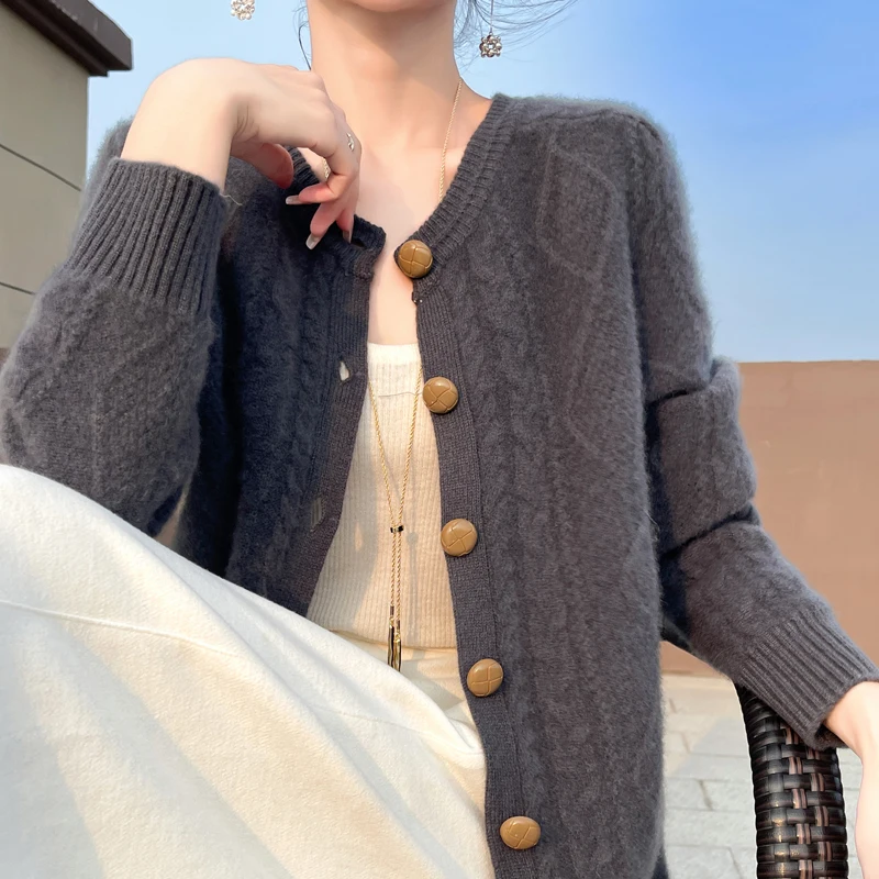 Женский теплый кашемировый свитер кардиган из 100% мериносовой шерсти с круглым
