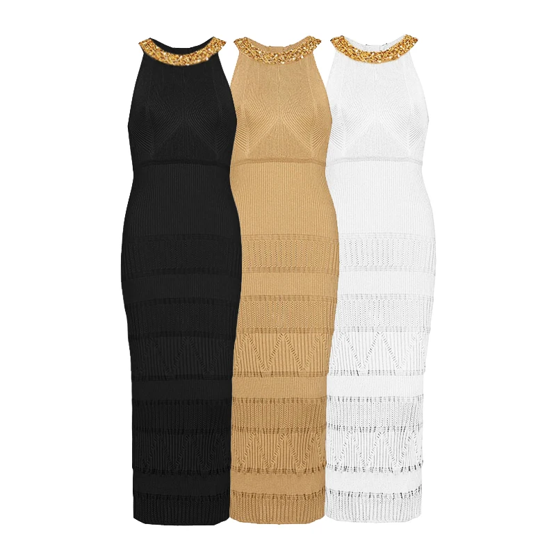 Three Colors SML High Quality Fashion Elastic Knitted Fabric Neckline Exquisite Beaded Slim Fit Commuter Casual Women's Dress