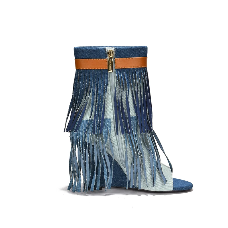 Women Boots Trend 2023 Spring Summer Fashion Tassels Fish Mouth Shoes Wedges Metal Lock Breathable Cool Denim Boots For Women