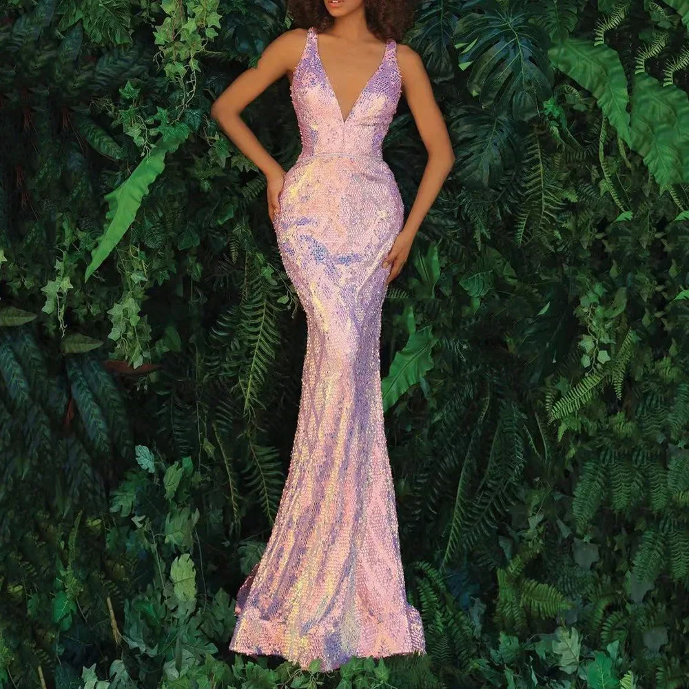 

Women's Evening Dress New Customed Slim Sleeveless Trumpet Mermaid Sequins V-neck Backless Fashion Formal Sexy Party Dresses