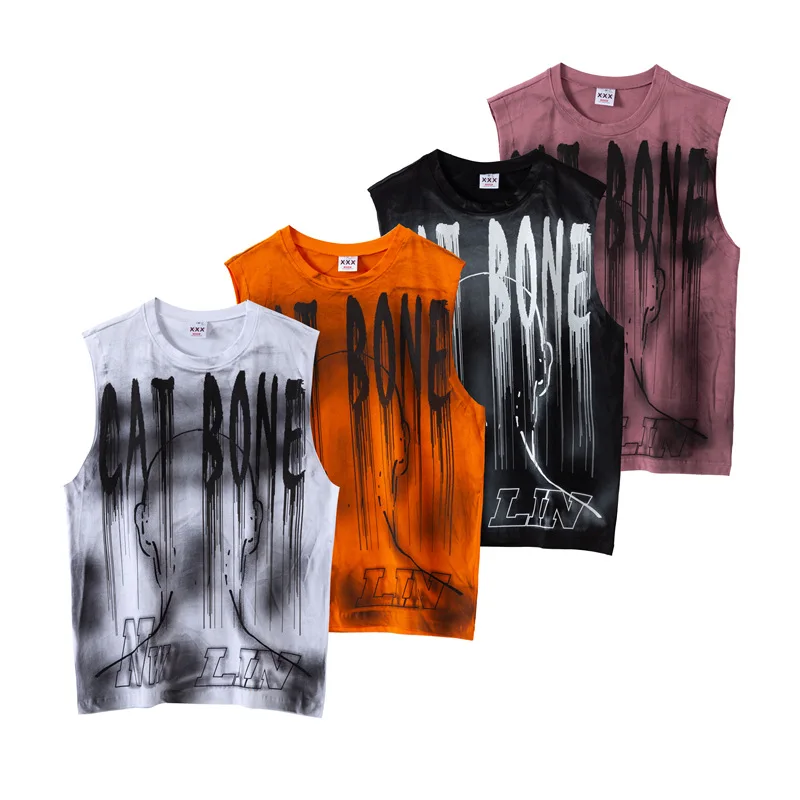 

Summer New High Quality Men's Pure Cotton Sports Tees Waistcoat High Street Print Sleeveless Tank Tops Gym Clothing for Men