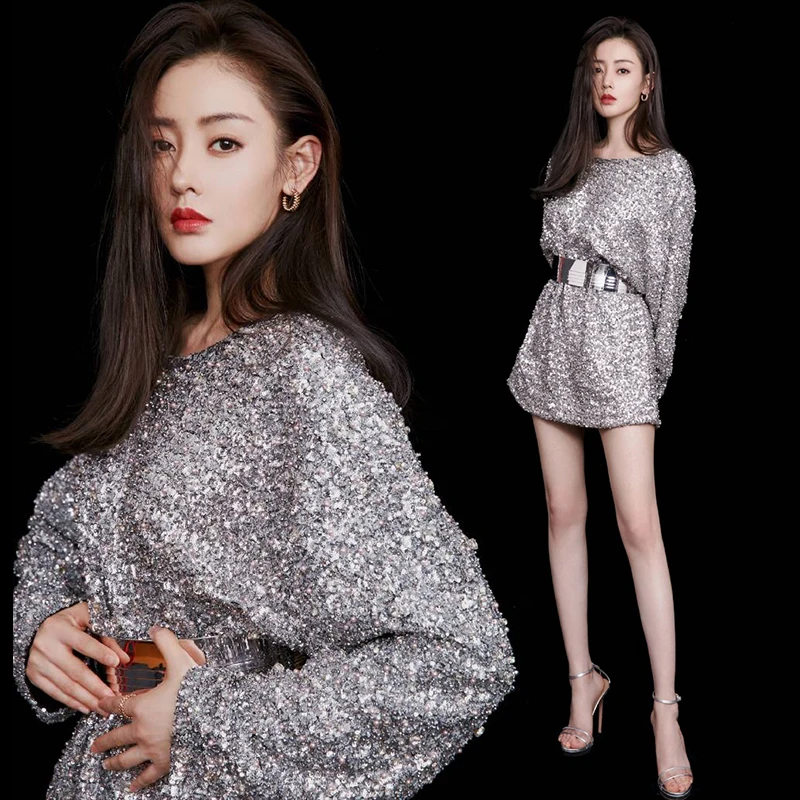 Silver Sequin Sexy Temperament Dress 2023 New Round Neck Long sleeve Loose Sparkling Short Dress