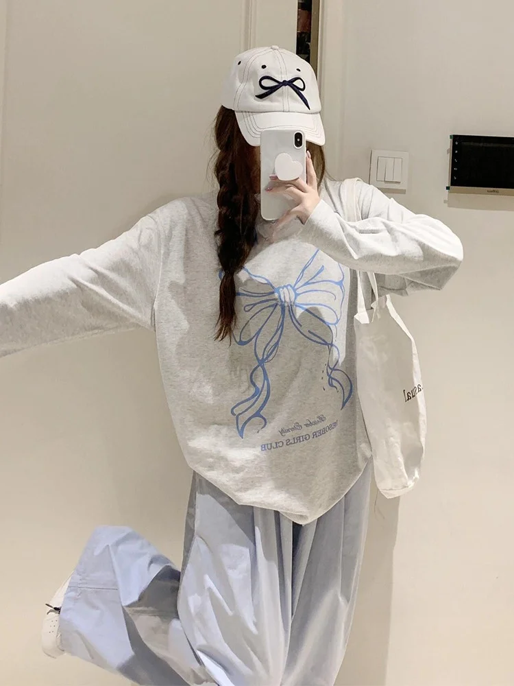 Корейская серия Idle Sle Set Женская осенняя толстовка с бантом и принтом Прохладный