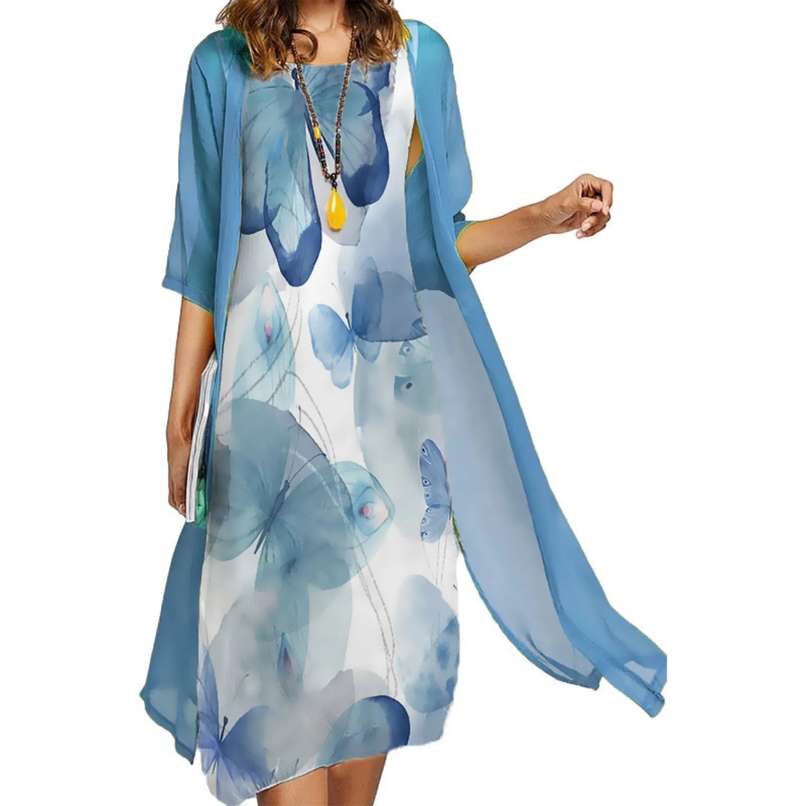 

Women Summer Casual Vacation Floral Chiffon Sleeveless Maxi Dress Two Piece Sets Dress Cardigan Formal Dress Short