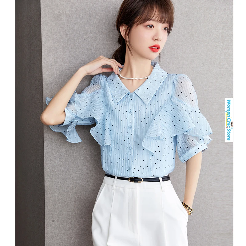 Женская блузка в горошек голубая тонкая элегантная Свободная с оборками и