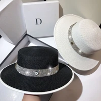 women boater ladies crystal straw hat outdoor seaside beach sun flat top sun caps with wide pearl decoration band female