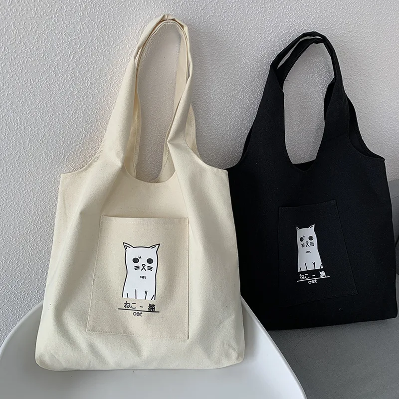 

Canvas Shopping Shoulder Vest Bag Women Large Capacity Cute Cat Tote Bag Fashion Women's Shoulder Simple Bags