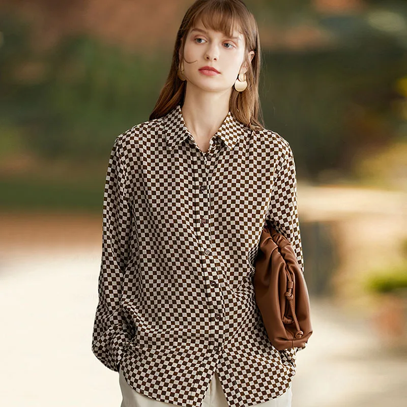 

100% Silk Blouse Women Shirt Casual Style Plaid Printed Single-breasted Turn Down Neck Long Sleeve New Fashion