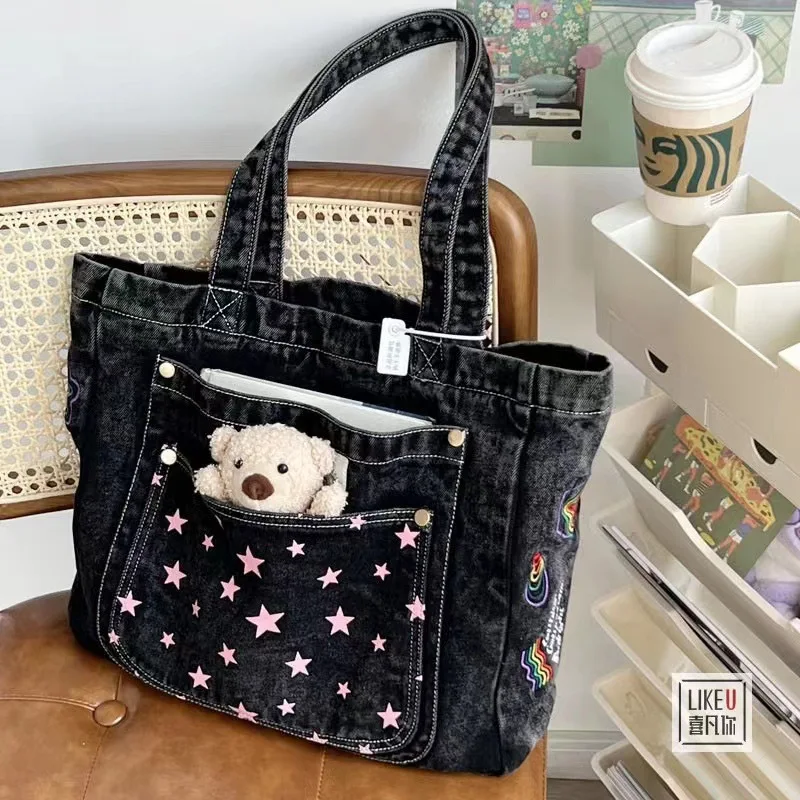 2023 высококачественные женские джинсовые сумки на плечо с принтом звезд, винтажные стильные женские сумки, повседневные дорожные сумки, Прямая поставка
