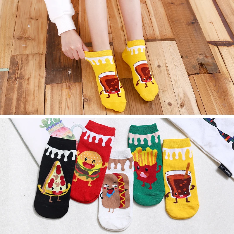 5 Pairs/Box Funny Cartoon Burger Fries Short Socks Cotton Harajuku Food Pizza Soft Cute Fashion Ankle Men Women Socks Pack Gifts