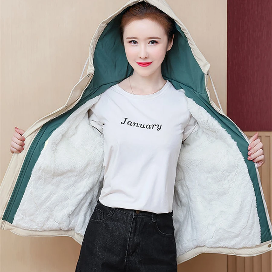 Letter Winter Hooded Fleece Lined Thicken Parkas Women Warm Snow Jacket Cotton Padded Casual Korean Plush Coat Lambwool Outwear