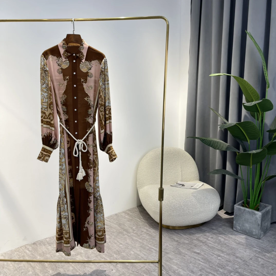 

2022 Spring New Top Quality Placement Print Long Lantern Sleeve Elegant Vinage Dresses