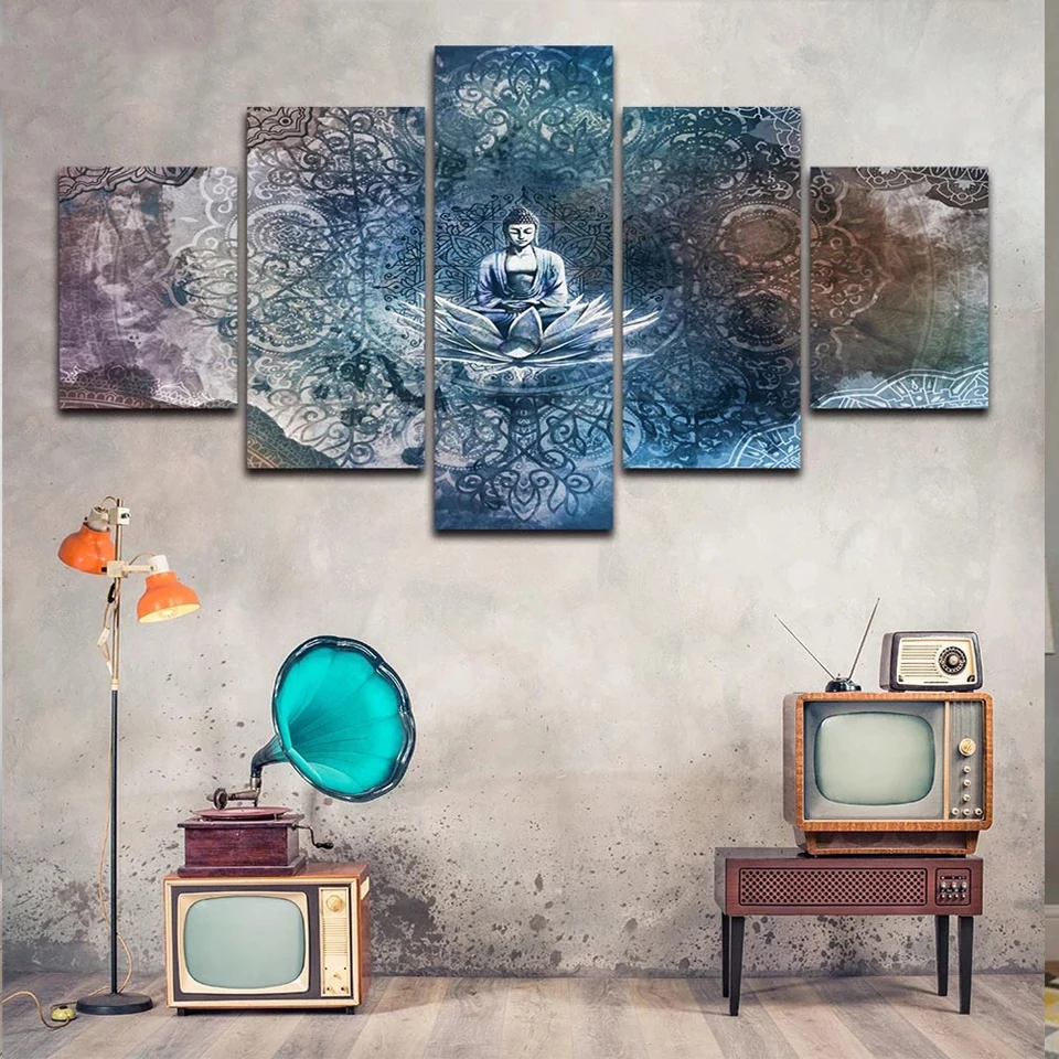 

5 Panel Diy Diamond Painting Buddha Meditate 5D Diamond Embroidery Full Round Drill Cross Stitch Kits Religious Icon Home Decor