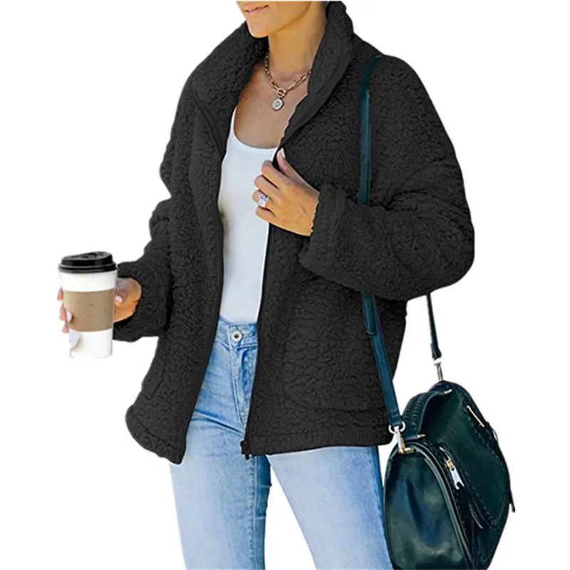 

Women Plush Fleece Jacket Coat Fashion Solid Long Sleeve Loose Casual Zipper V-neck Pocket Soft Warm Jacket Tops Winter Clothing