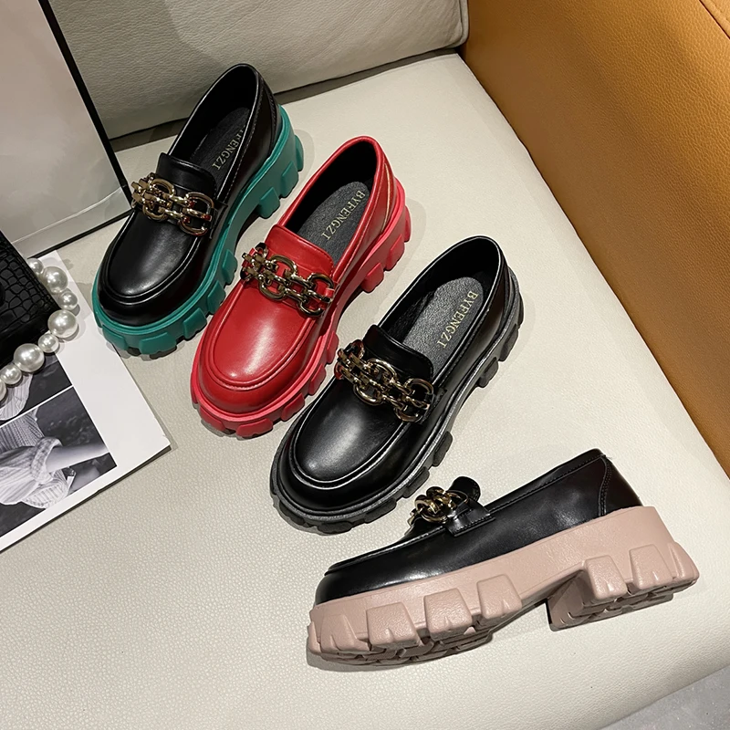 

2022 Women Oxfords Platform Shoes Chain Design British Style Shallow Spring Pumps Women Casual Loafers Shoes Green