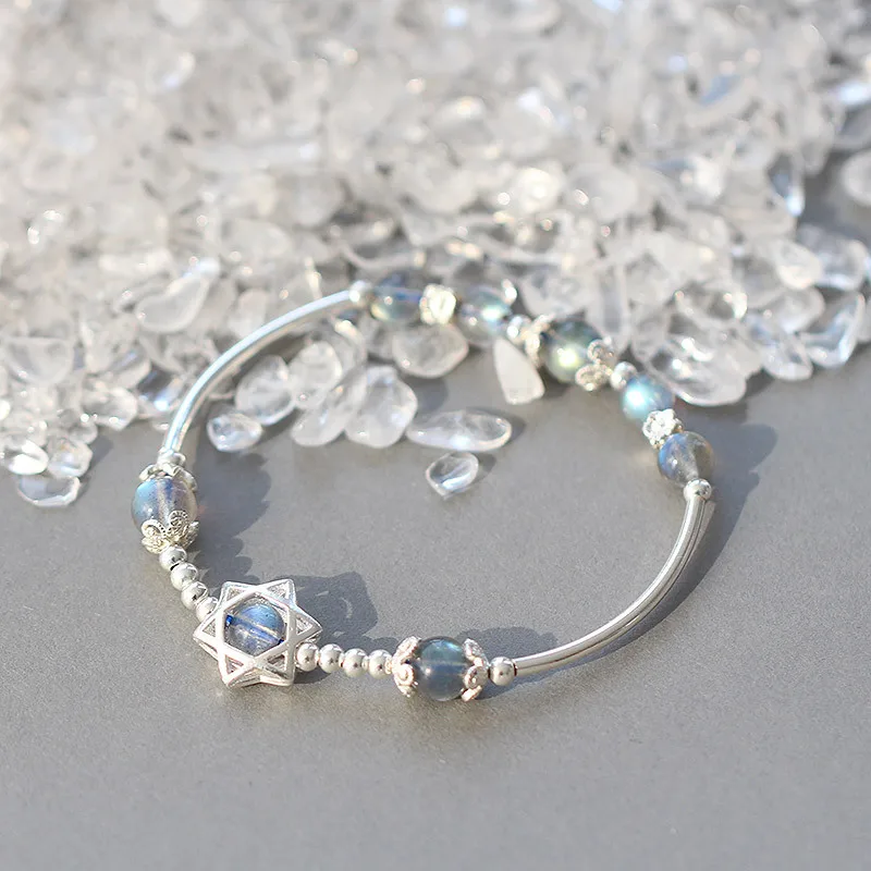 S925 David Star Bracelet Natural Moonstone Hand String Six Pointed Star Jewelry