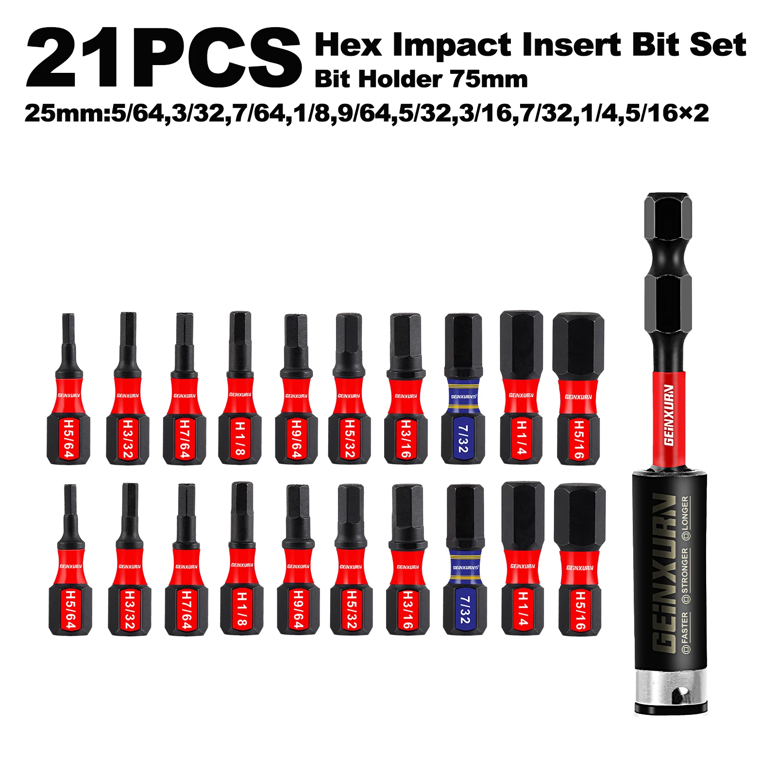 

Geinxurn 1-дюймовый набор вставок SAE с шестигранной головкой, набор бит из стали S2 с удлинительным держателем бит