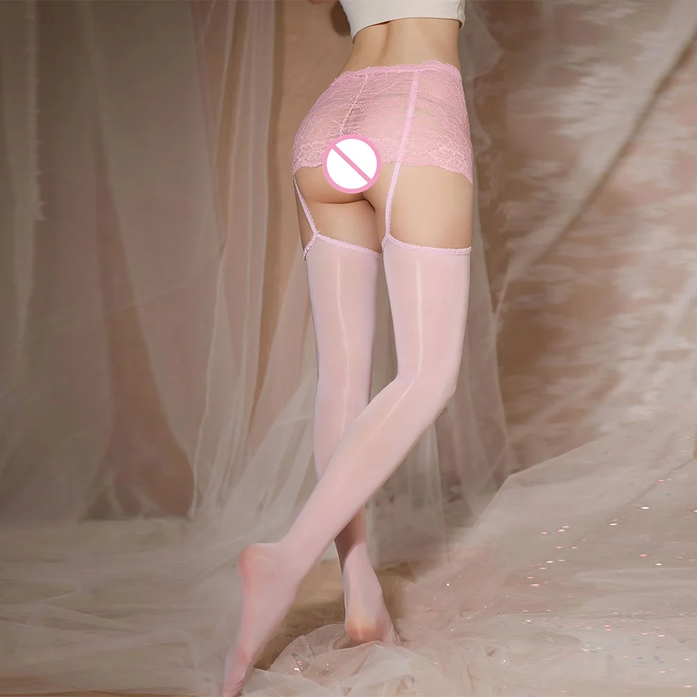 Women Oil Shiny Glossy Panties Lace Stockings Garter Belt Open Butt Knickers Stay Up Thigh-High Hosiery Hot Girl Nightwear