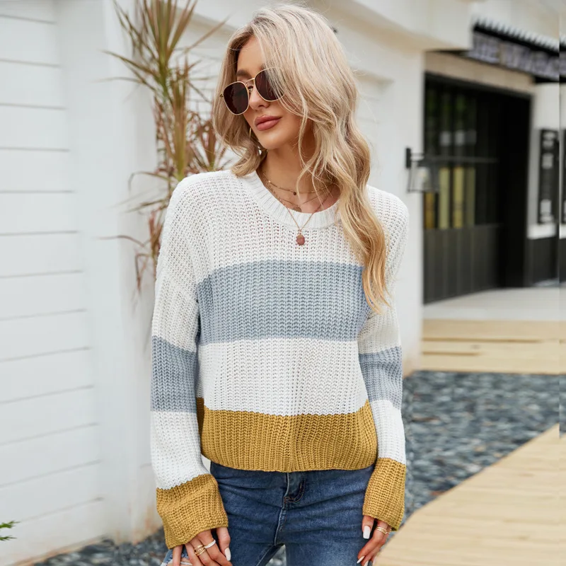 Women Clothes Loose Women Clothing Autumn Winter Casual Pullover Knitwear Stripe Color Contrast Short Sweater Women Clothes